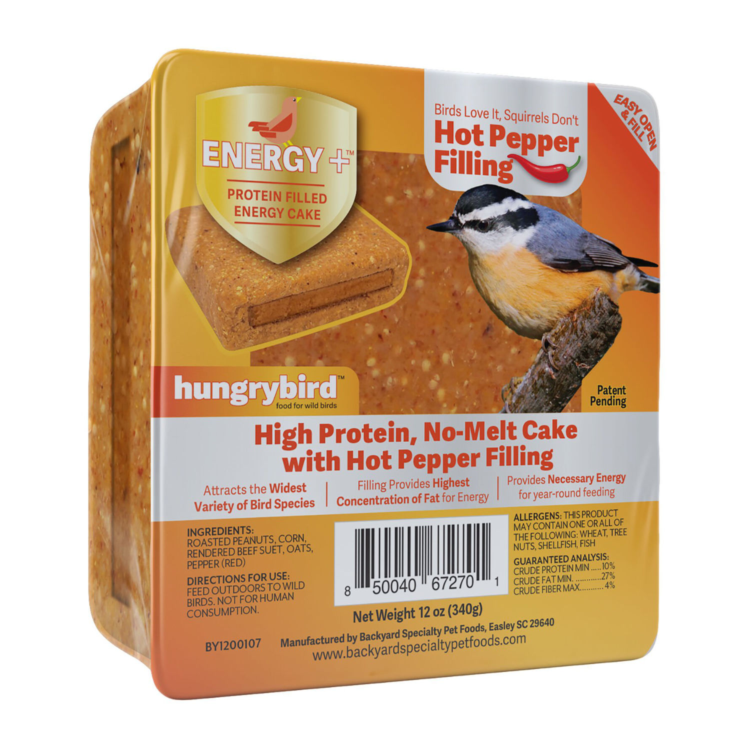 Hungrybird Energy Plus Suet Cake Hot Pepper Angled 12 Oz