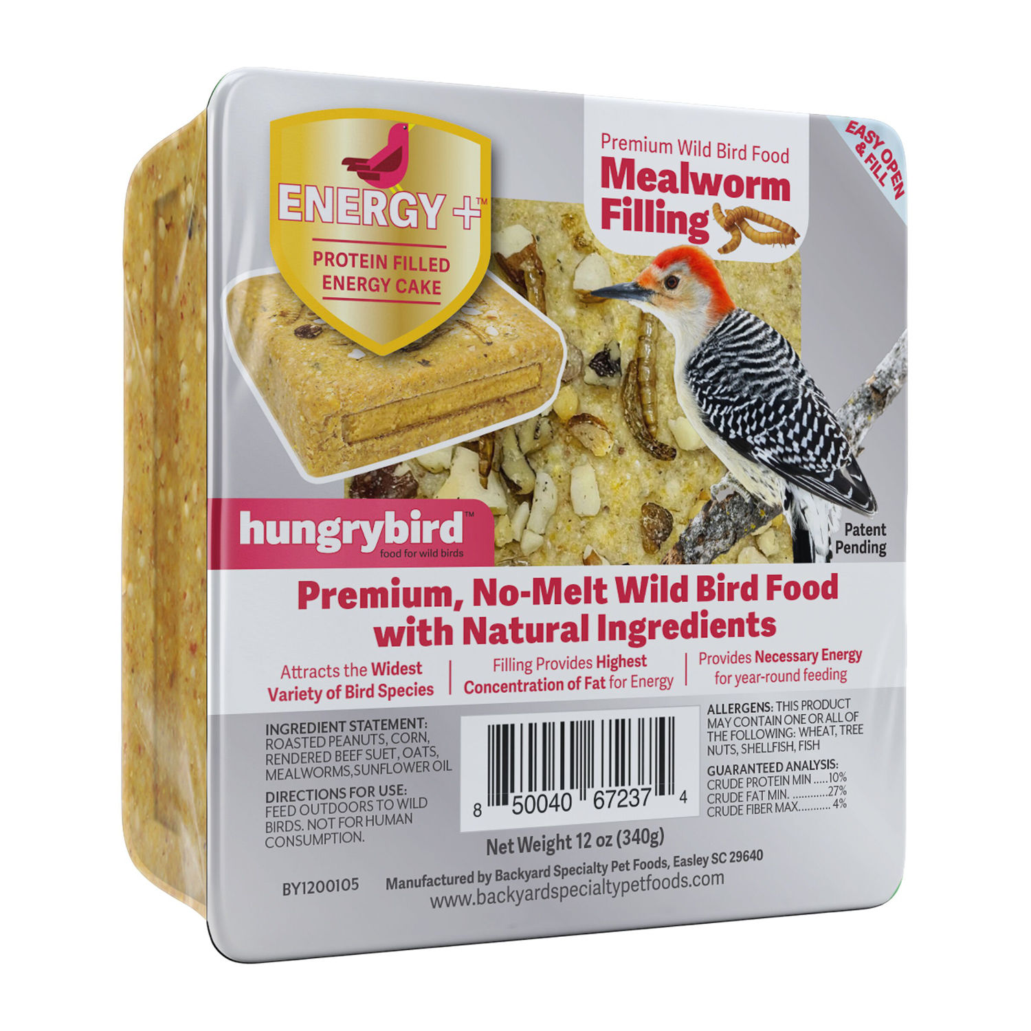 Hungrybird Energy Plus Suet Cake Mealworm Angled 12 Oz
