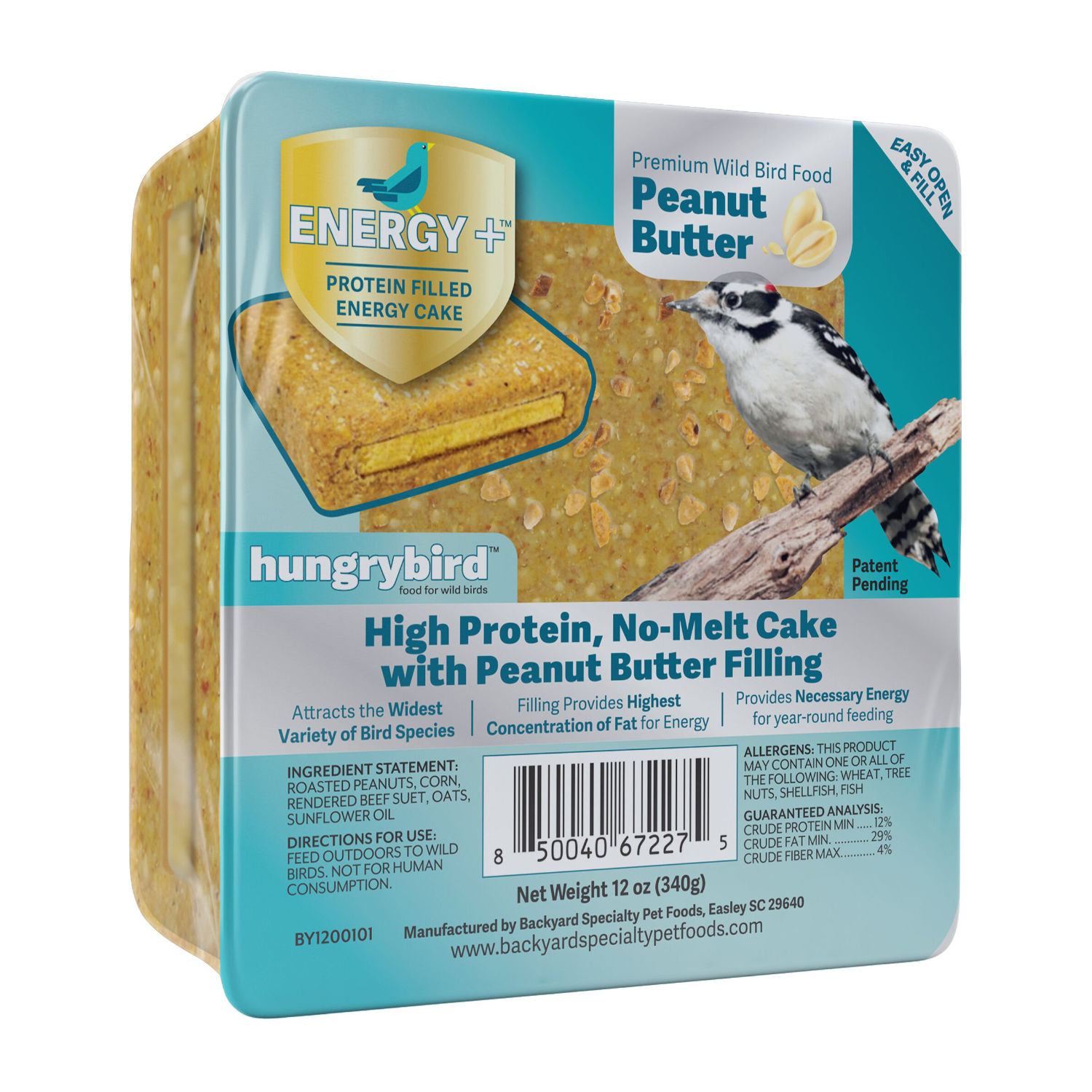 Hungrybird Energy Plus Suet Cake Peanut Butter Angled 12 Oz