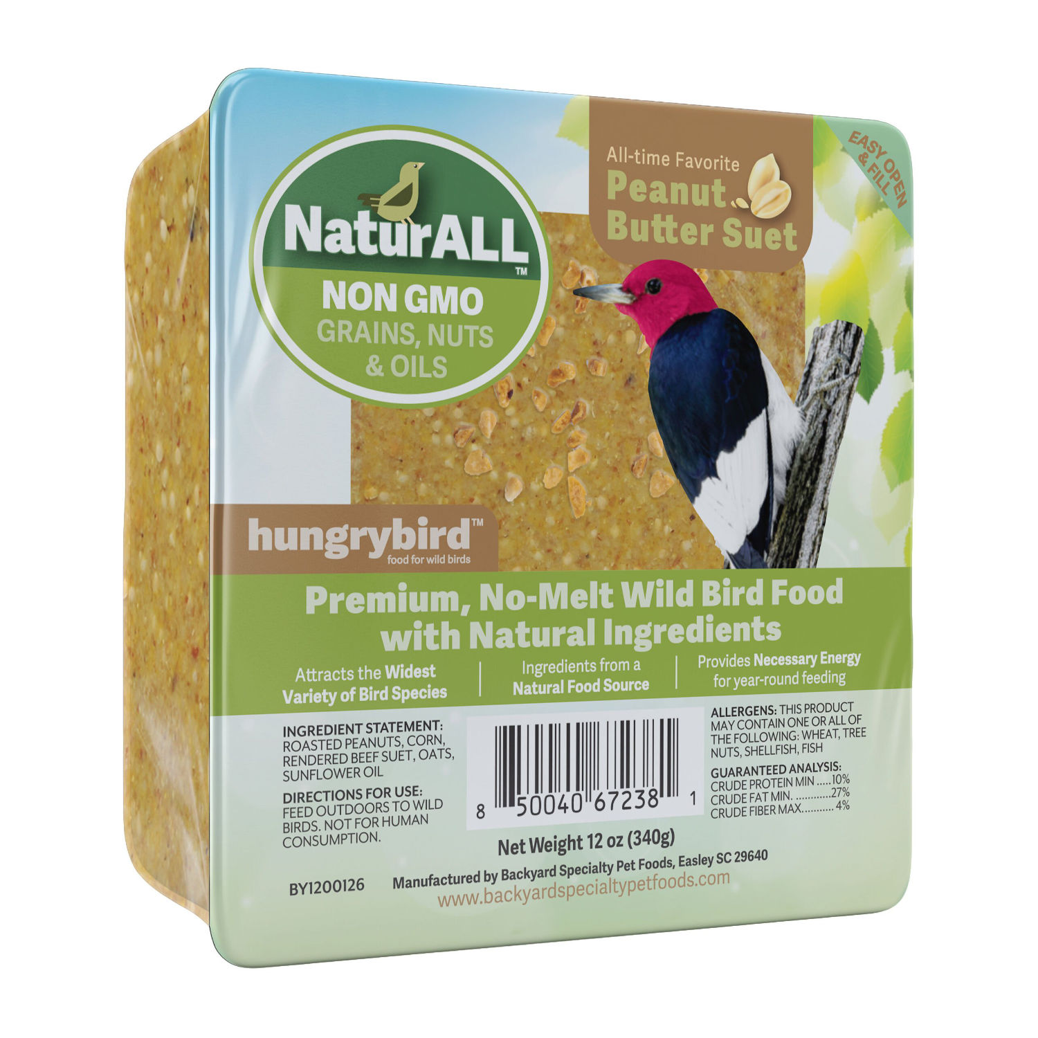 Hungrybird Naturall Non Gmo Suet Cake Peanut Butter Angled 12 Oz